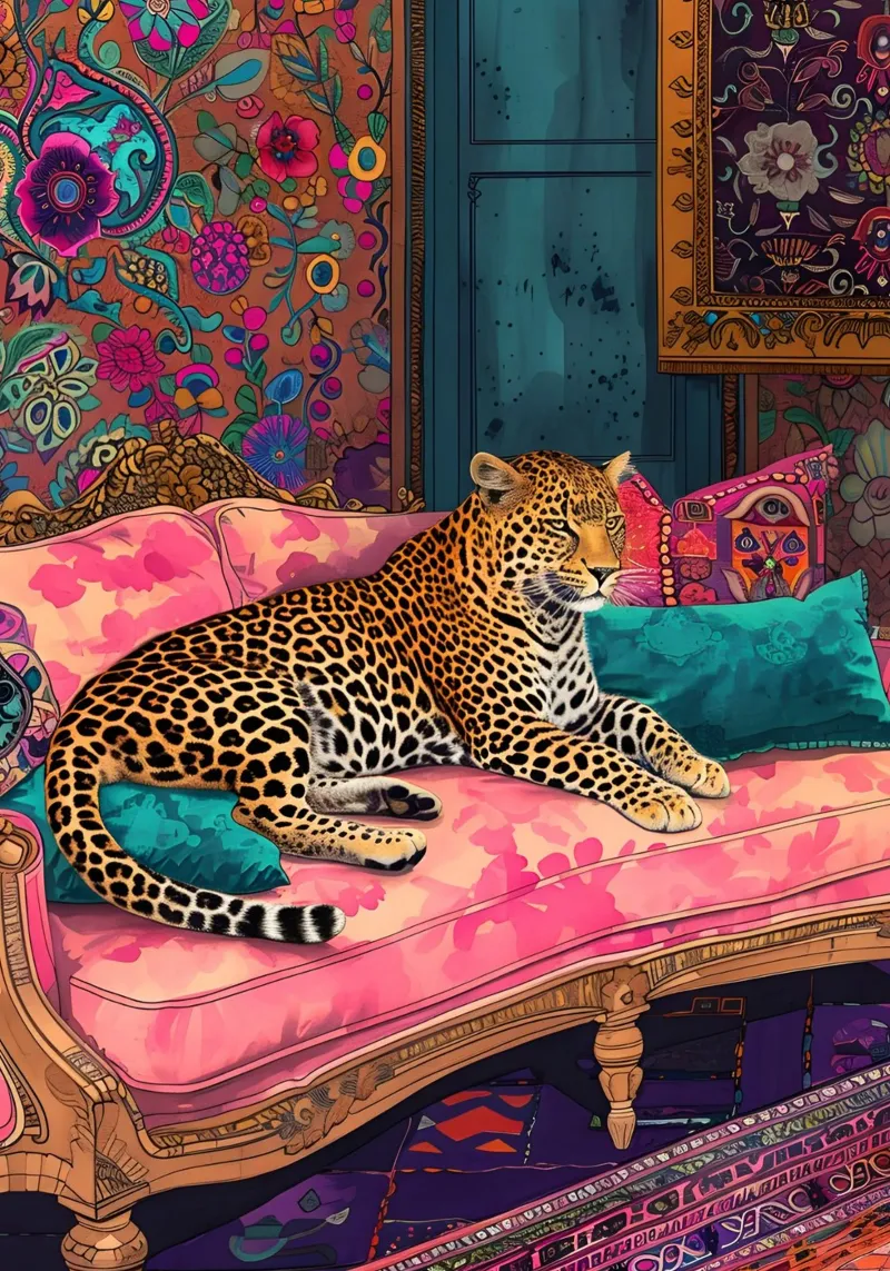 Leopard on Bohemian Sofa | Maximalist Psychedelic Interior P canvas by NorwesClub