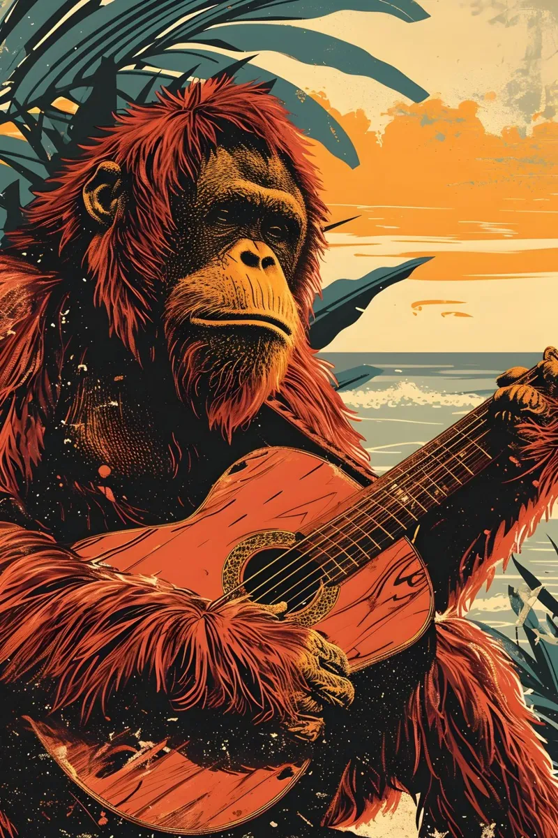 Orang Utan spielt Gitarre am Strand pellicola backlit da WILD ART