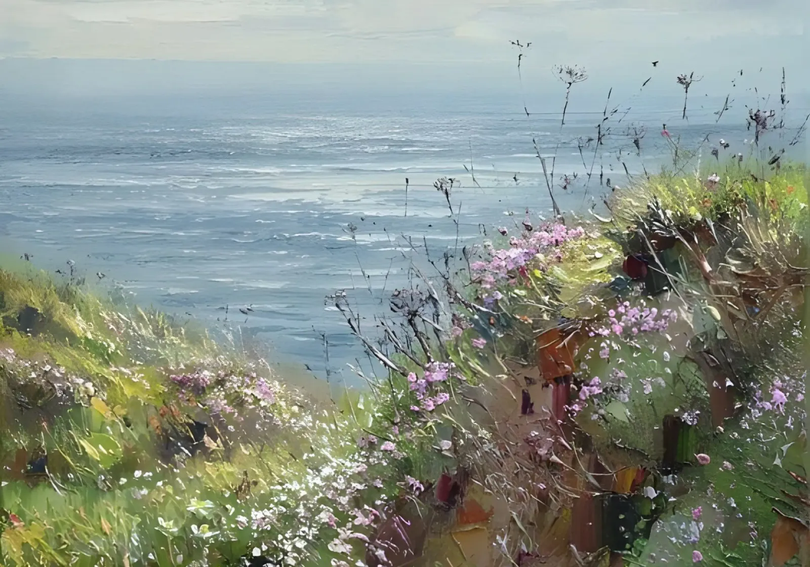 Wildflower Kustkliffen | Impasto Zeegezicht Kunstdruk canvas met Baklijst van NorwesClub