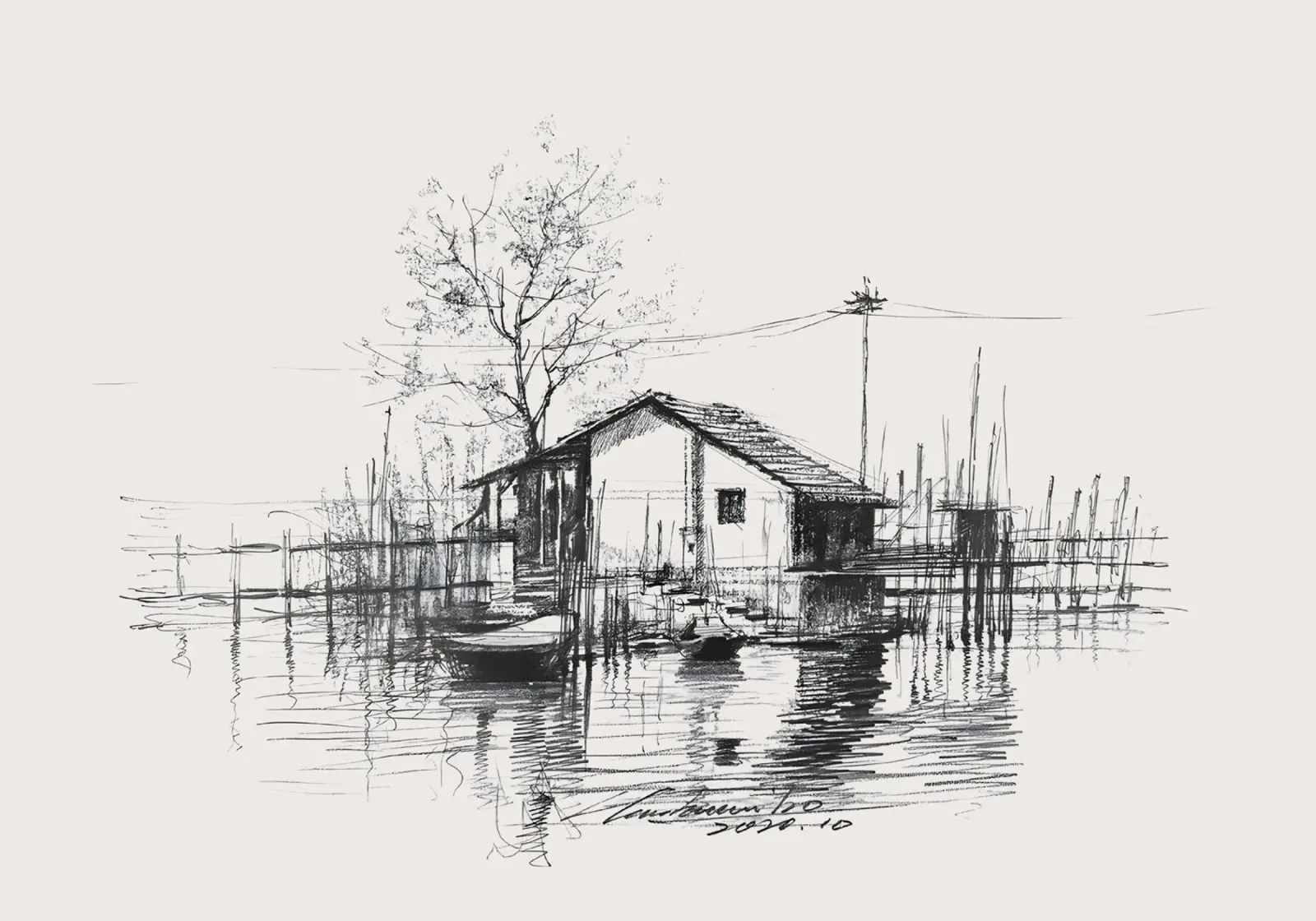 Kustlijn Hut Landschap Schets Inkttekening Sereen Kunstdruk canvas met Baklijst van NorwesClub