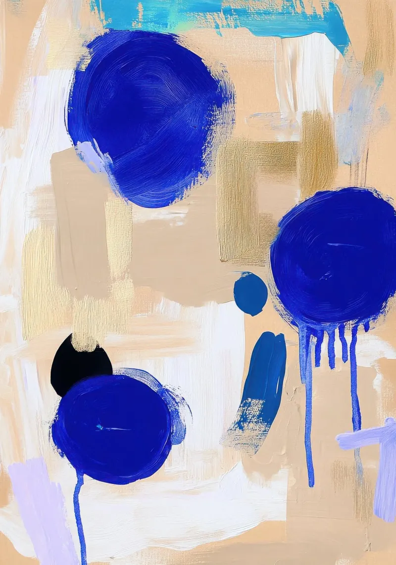 Abstract blue circles on beige canvas with Floater frame by Euphoria Theresa