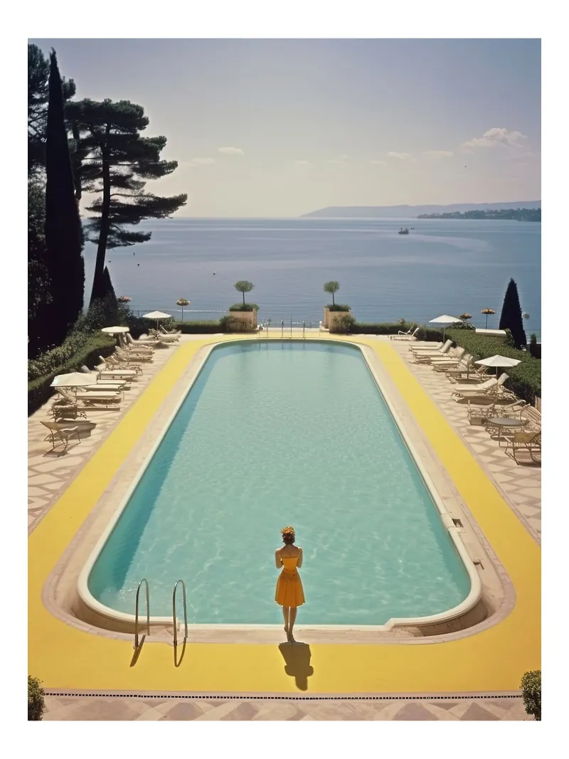 Retro Cannes Swimming Pool poster with plastic frame by Slim Aarons Vintage