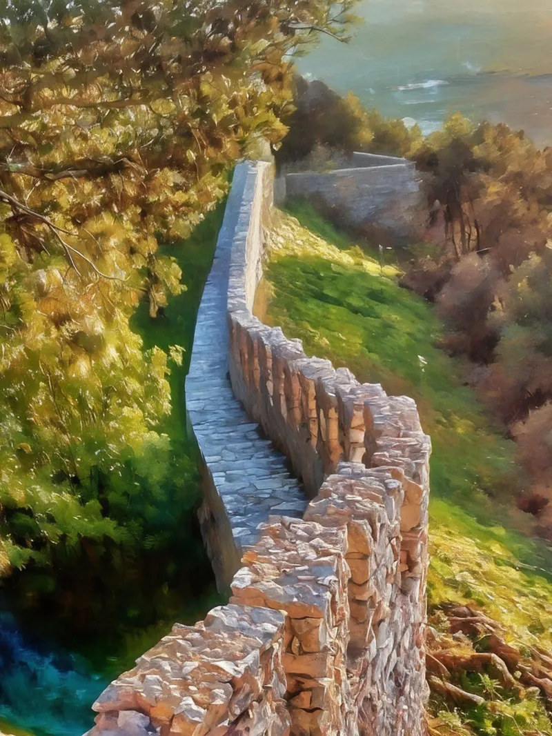 Le mura del castello di Castelo de Sesimbra, in Portogallo, al tramonto poster con telaio in plastica da Hecate Pim Designs