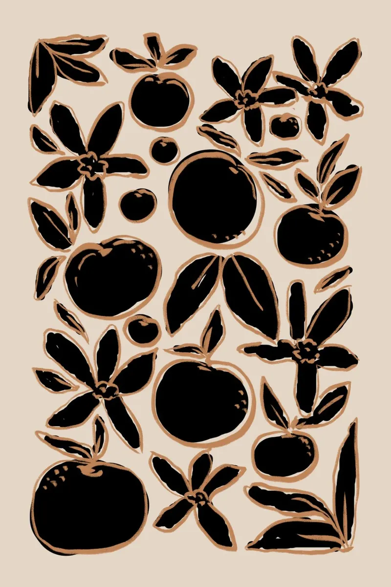 Agrumi e fiori neri astratti su beige poster da Melloi Art Print