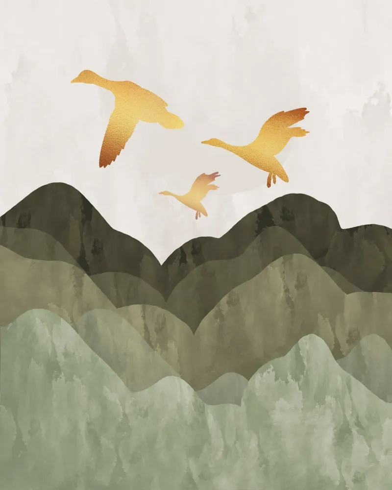 Golden Birds Flying Over Mountains canvas by Sannel Larson
