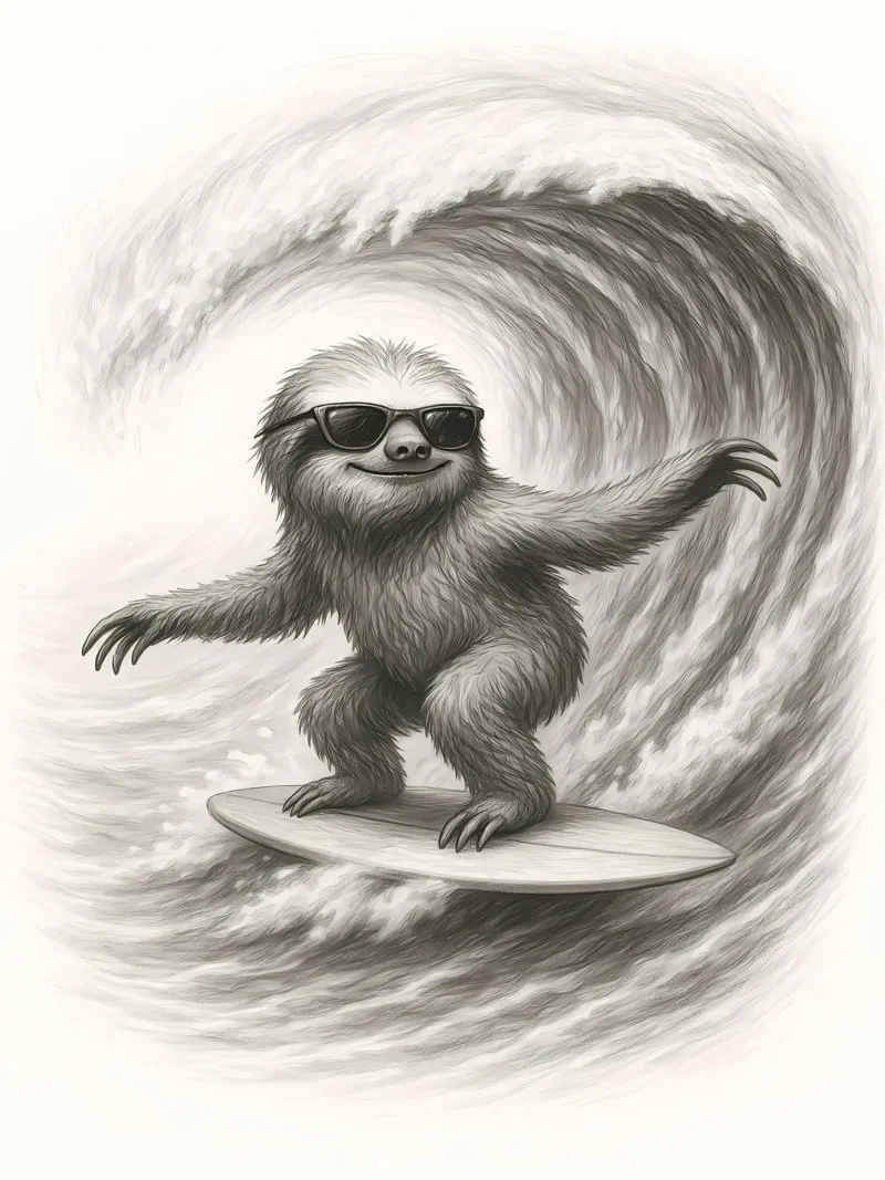 Surfing Sloth Riding Big Wave Sketch canvas by flufftee