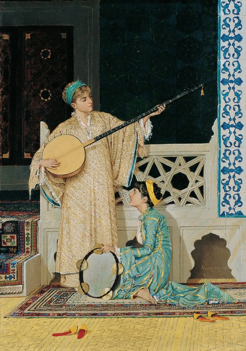 Due ragazze musiciste di Osman Hamdi Bey pellicola backlit da Venus Art