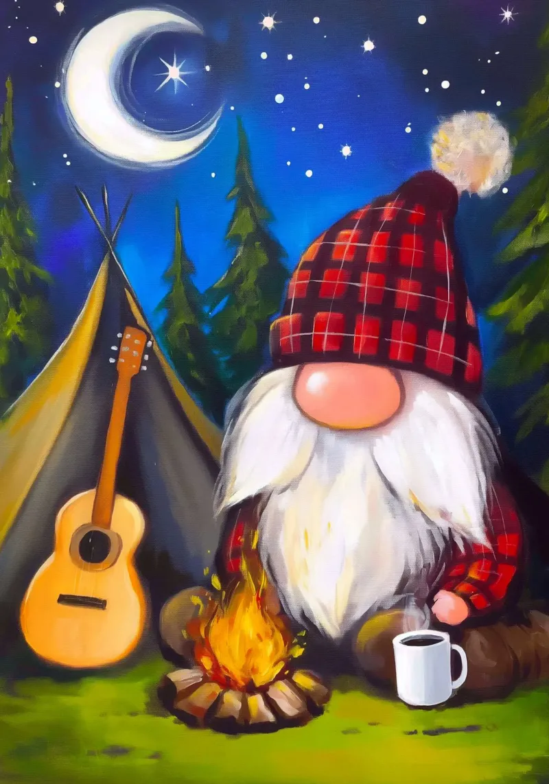 Kerstkabouter kampvuur canvas met Baklijst van Fleur de Lys