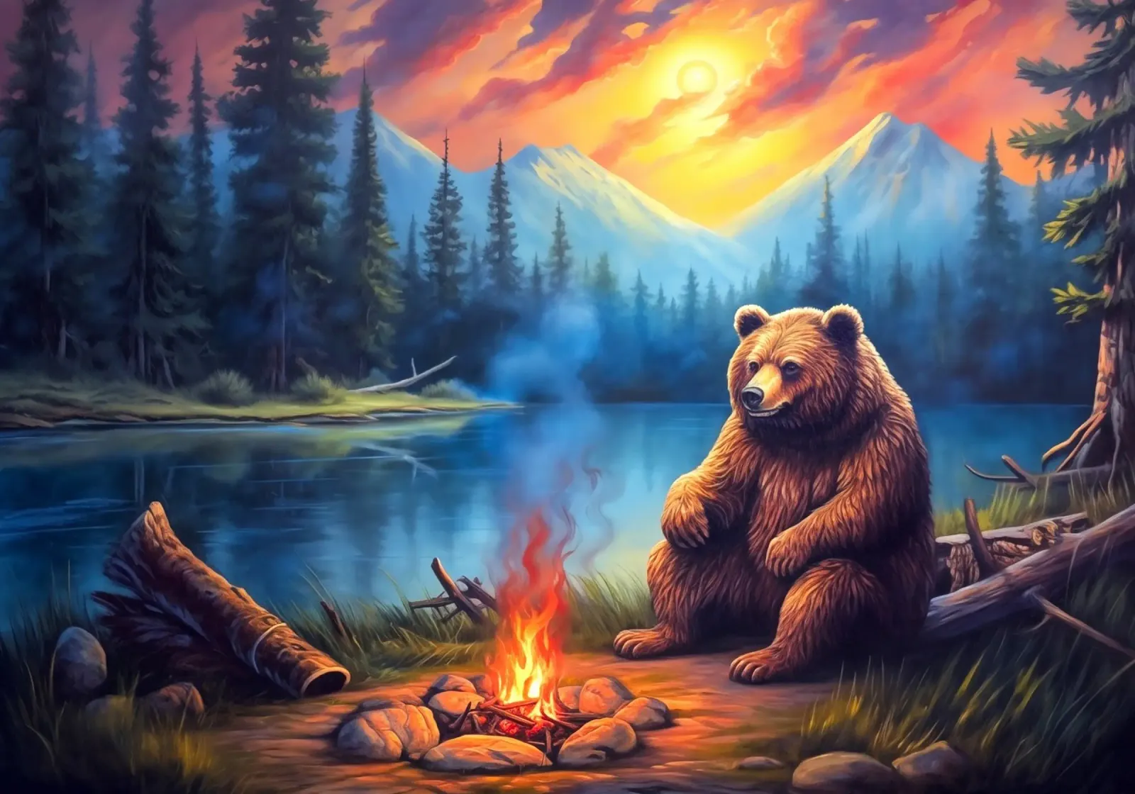 Grizzly beer kampvuur canvas met Baklijst van Fleur de Lys