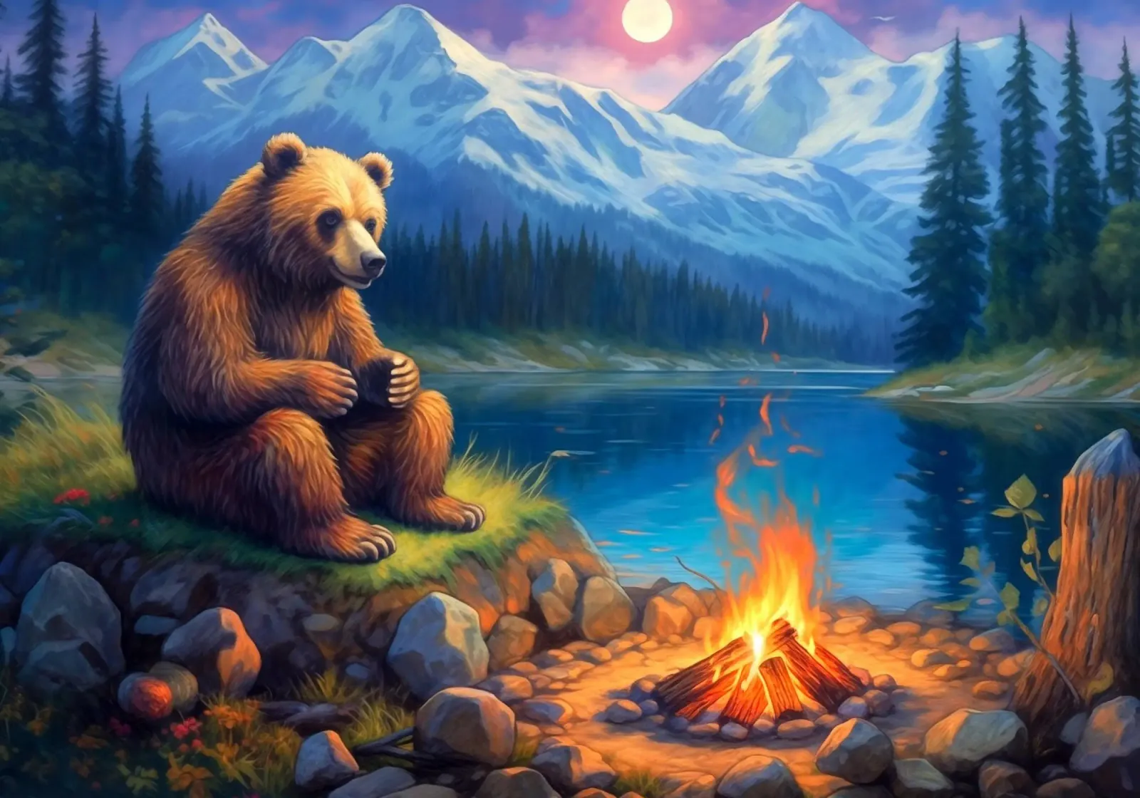Grizzly beer kampvuur canvas met Baklijst van Fleur de Lys