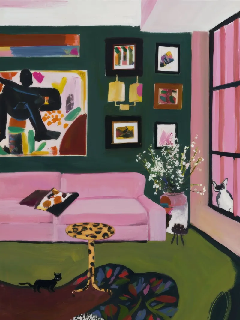 Smaragd-Lounge Muse Poster mit Holzrahmen von Opal Strokes