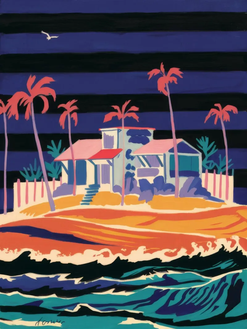 Psychedelic Beach Hut canvas with Floater frame by Silk Palette