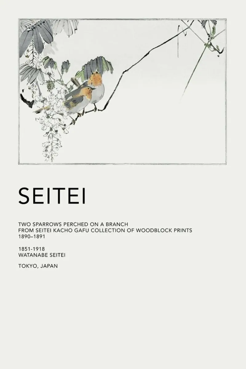 Seitei - Two Sparrows Perched on a Branch pellicola backlit da Vintage by JUNIQE
