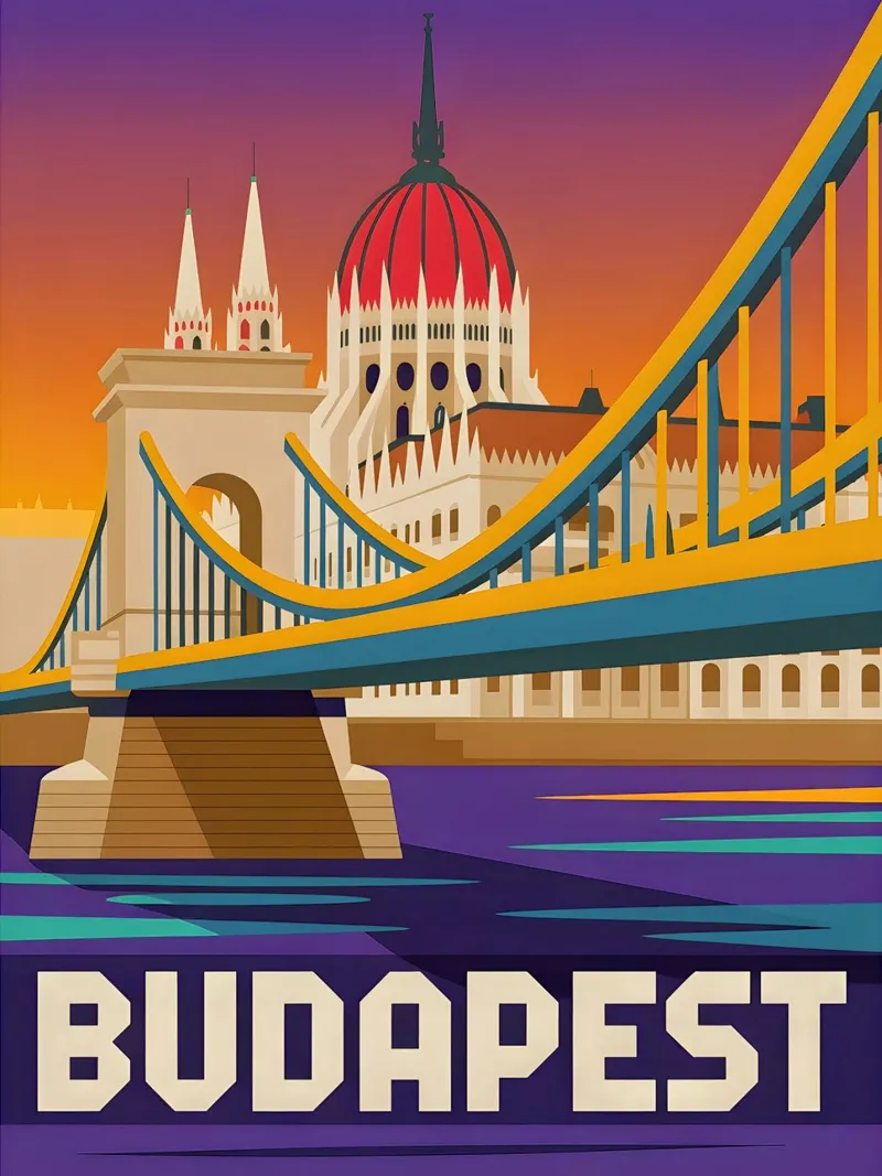 Poster di viaggio retrò di Budapest poster con telaio in alluminio da Vintage Travel Art