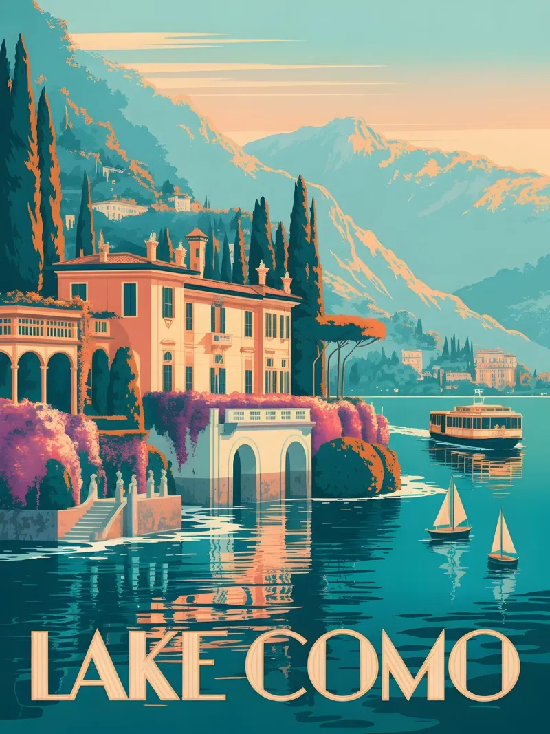 Poster di viaggio vintage del Lago di Como poster con telaio in alluminio da Vintage Travel Art