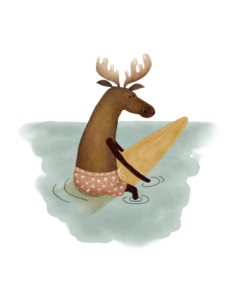 Whimsical Surfing Moose kunstdruk hahnemühle van Urchin Bay Art