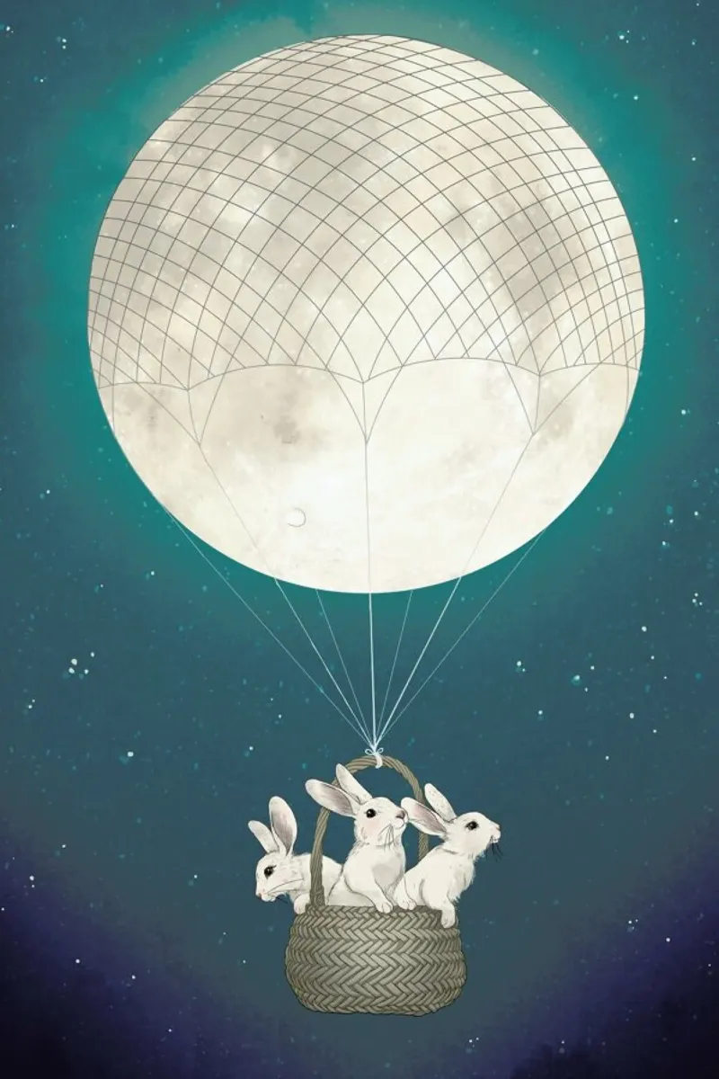 Moon Bunnies poster con telaio in legno da Laura Graves