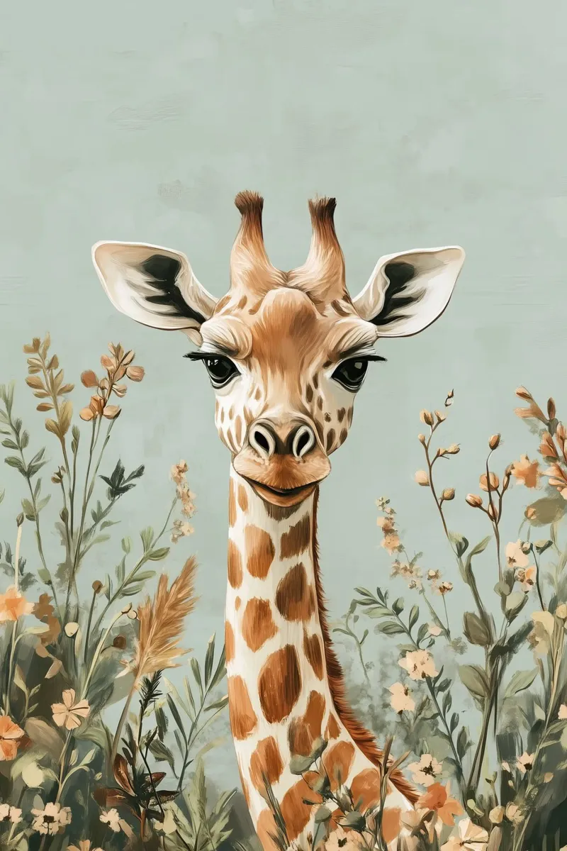Una giraffa da sogno in un giardino floreale pastello tela da Moodwall