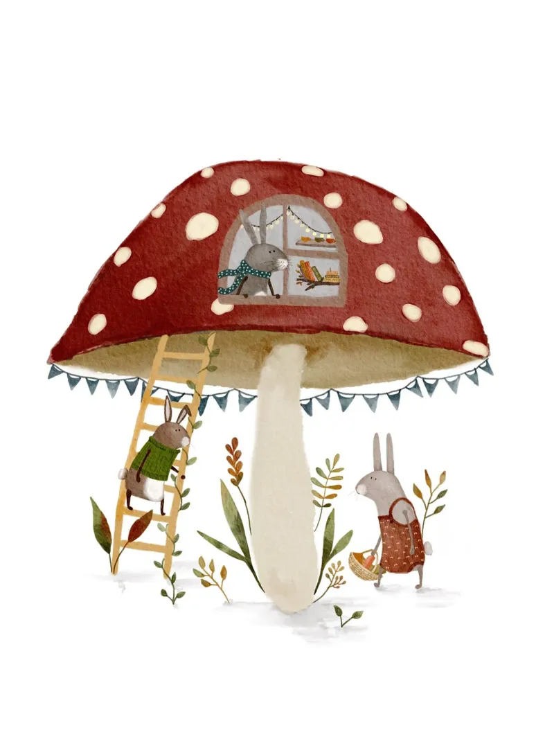 Illustration d'un lapin fantaisiste dans une maison champignon hahnemühle de Urchin Bay Art