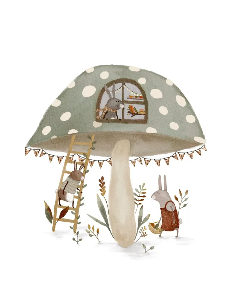 Sage Green Bunny Mushroom House Art Print canvas met Baklijst van Urchin Bay Art