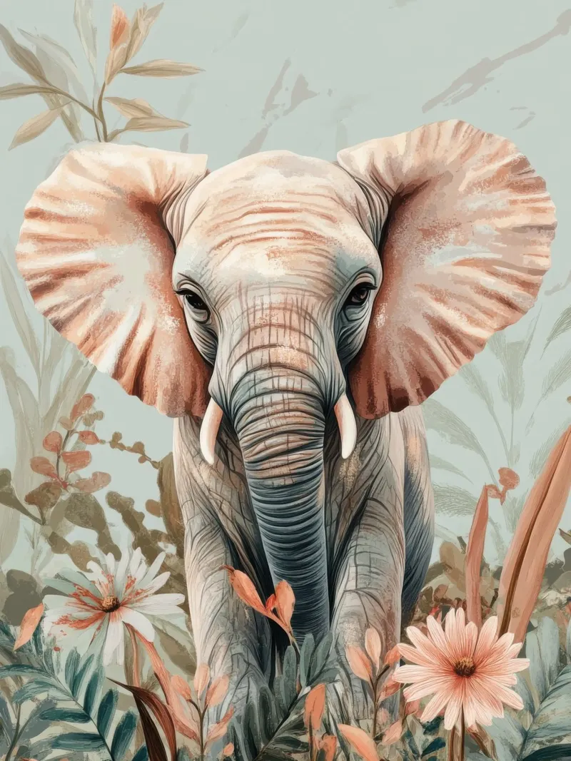 Un elefante curioso in un giardino dai colori tenui plexiglass da Moodwall