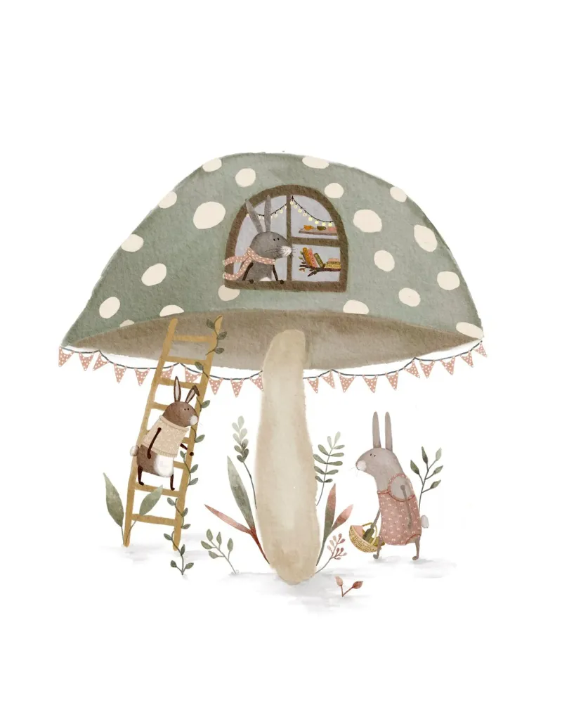 Pink-Accented Bunny Mushroom House Print canvas with Floater frame by Urchin Bay Art