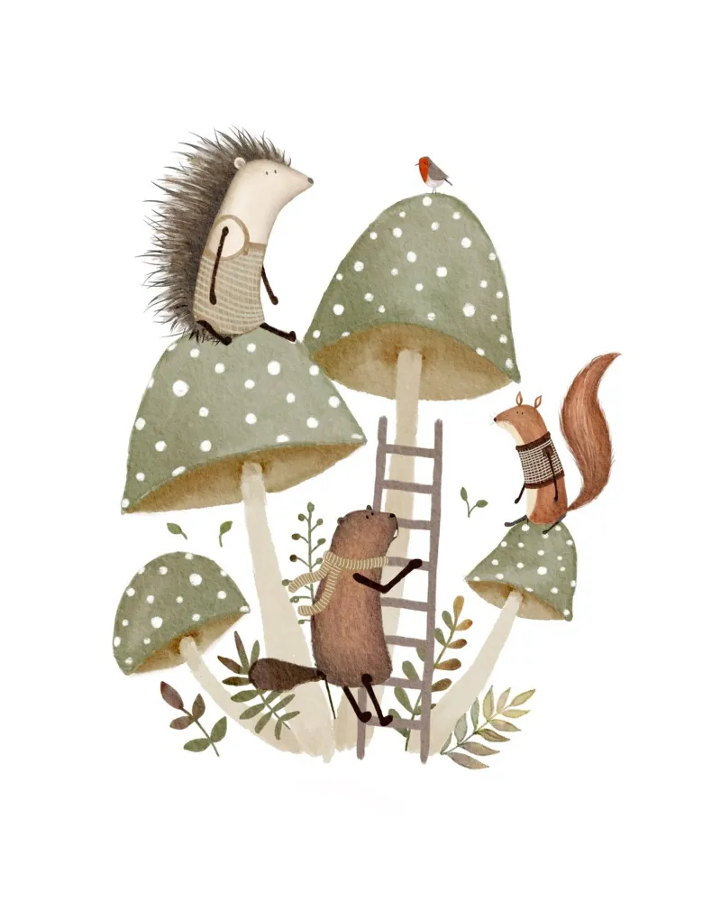 Parco giochi per animali del bosco su funghi poster con telaio in alluminio da Urchin Bay Art