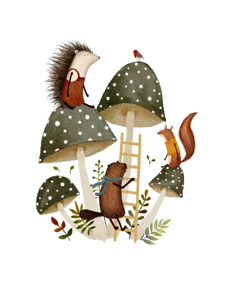 Amici del bosco nel parco giochi dei funghi poster con telaio in plastica da Urchin Bay Art