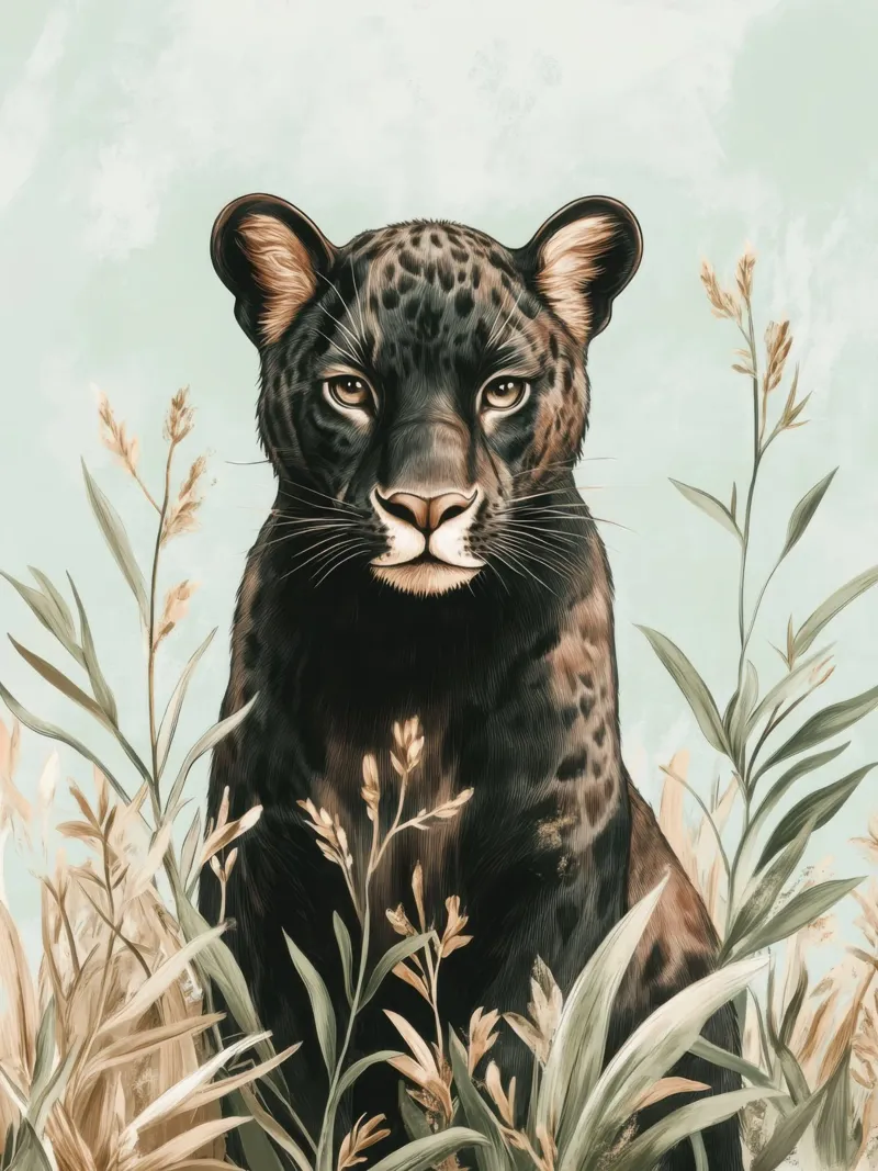 Unbeweglicher schwarzer Panther in pastellfarbener Pflanzenwelt Acryl-Glas von Moodwall