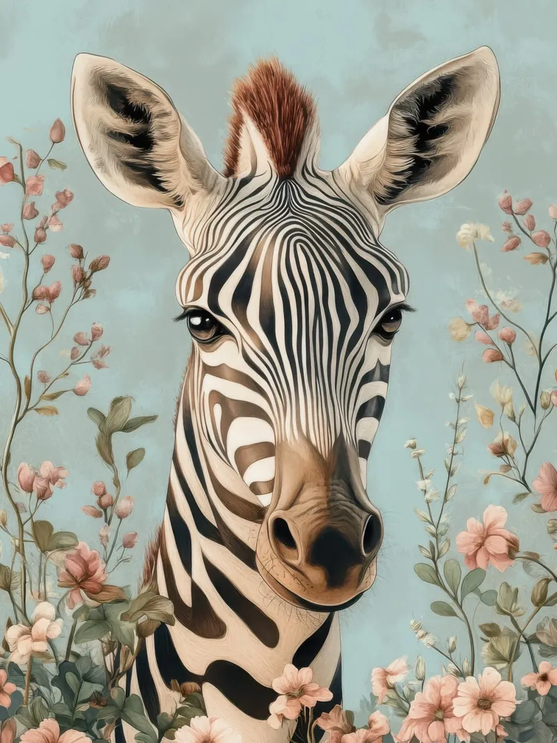 Una zebra dagli occhi dolci in un giardino pastello tela da Moodwall