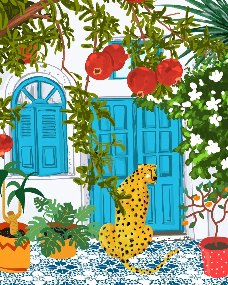 Villa Ghepardo Architettura, animali tropicali della giungla greca poster con telaio in plastica da 83oranges