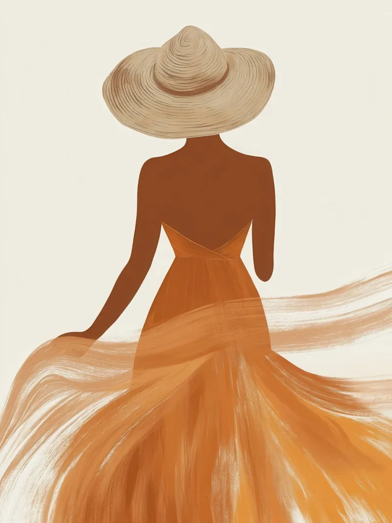 Frau in fließendem Kleid und camelfarbenem Sommerhut Hahnemühle von Moodwall