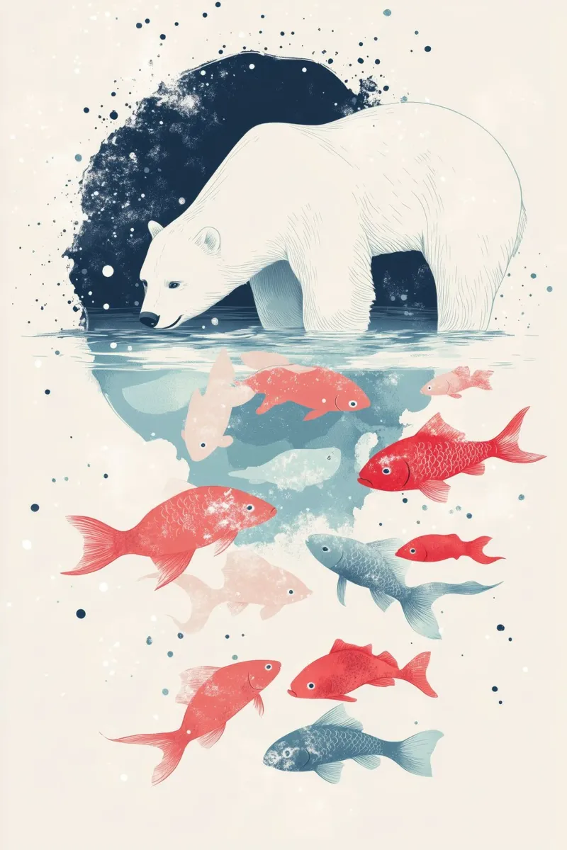 Orso polare rilassato e pesce spumeggiante poster con telaio in legno da DreamPixel