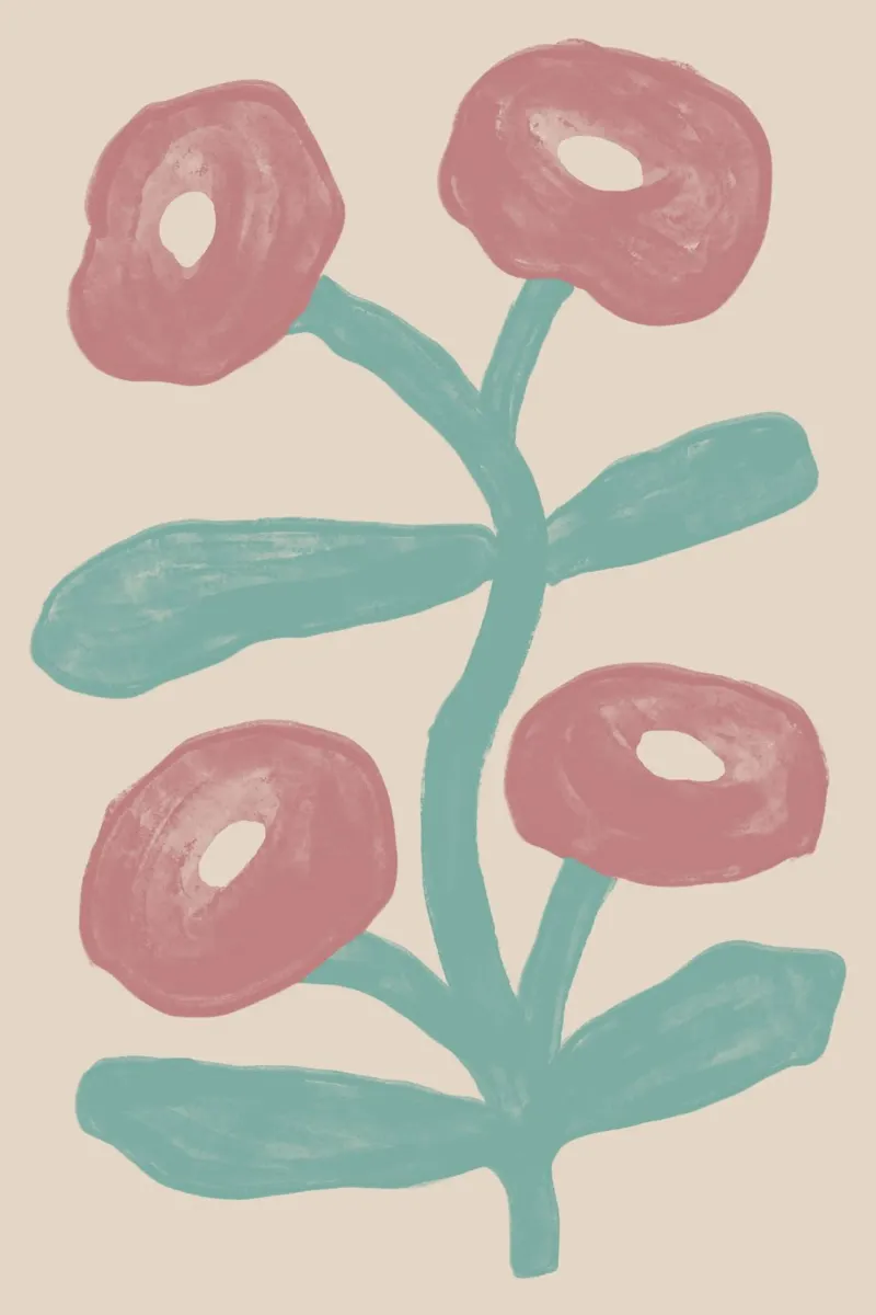 Fiori astratti rosa e verdi su sfondo beige poster con telaio in legno da Melloi Art Print