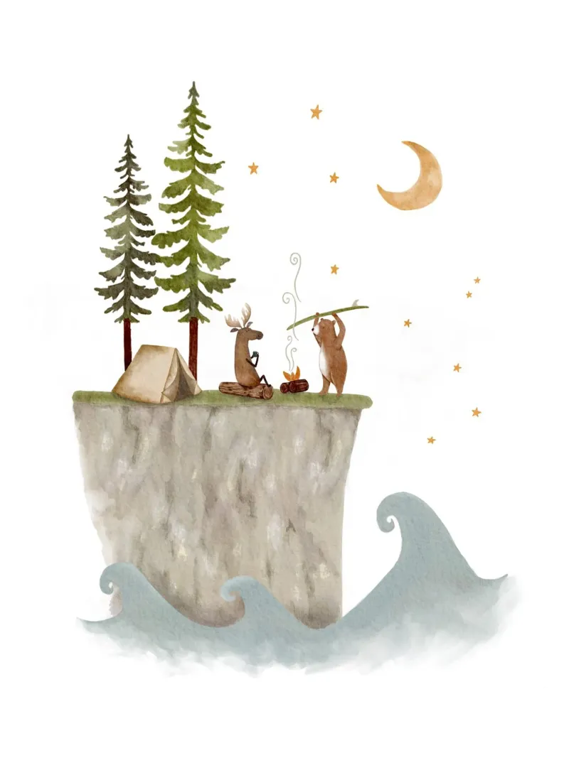 Oregon Klif Kampvuur - Bos Dieren Avontuur Print canvas met Baklijst van Urchin Bay Art
