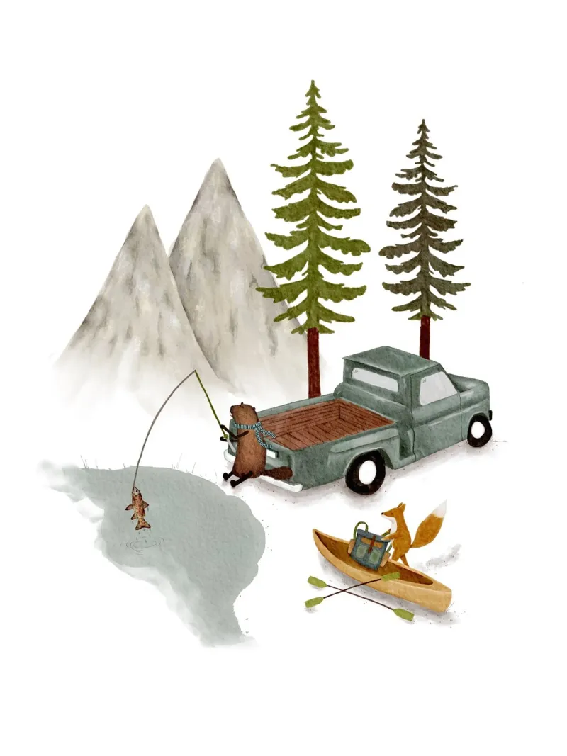 Avventura in Oregon - Pesca con gli animali della foresta e canoa Prin carta hahnemühle da Urchin Bay Art