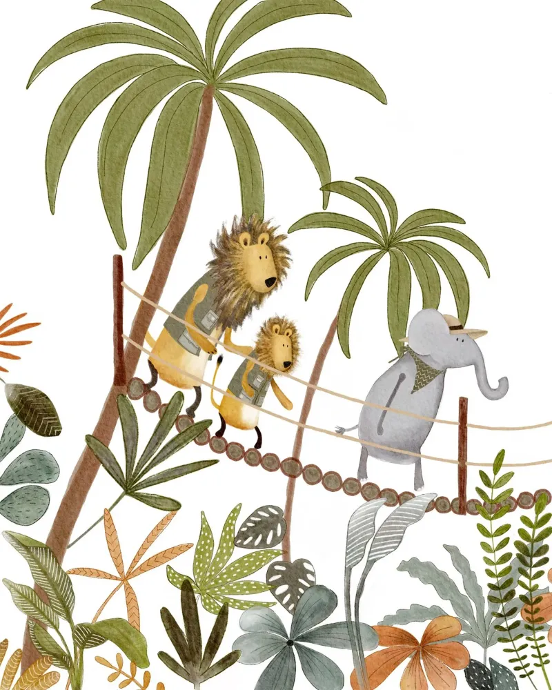 Jungle Bridge Adventure - Les animaux safari traversent le pont de corde poster avec cadre en plastique de Urchin Bay Art