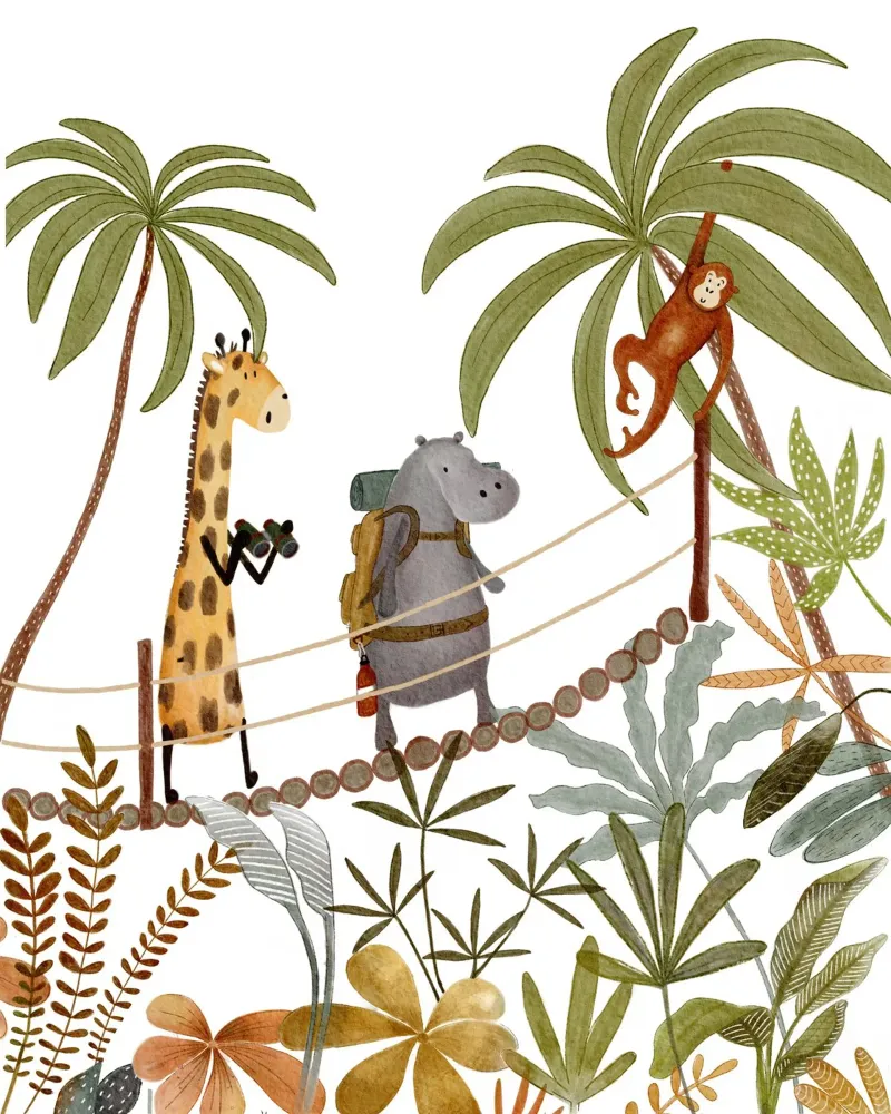 Trekking dans les arbres - Animaux de la jungle sur un pont d'aventure poster avec cadre en plastique de Urchin Bay Art