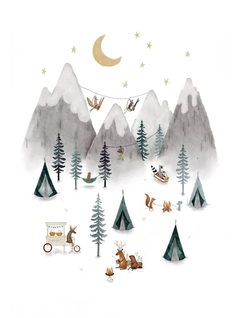 Winter kampeeravontuur in het bos poster van Urchin Bay Art