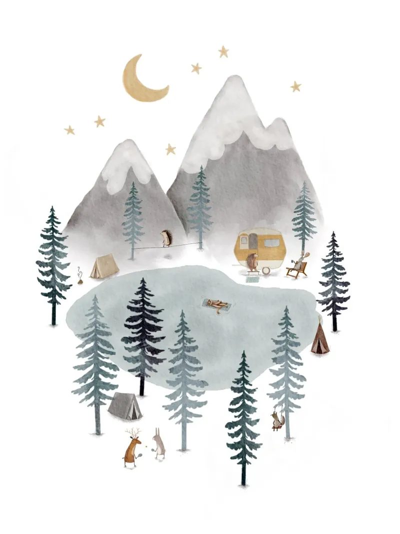 Moonlit Mountain Camp at the Lake poster by Urchin Bay Art