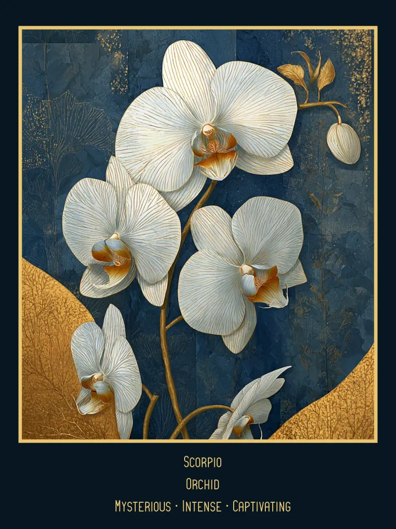 Die Blumen der Sternzeichen: Skorpion - Orchidee Poster von Art-Nouveau-Dsg