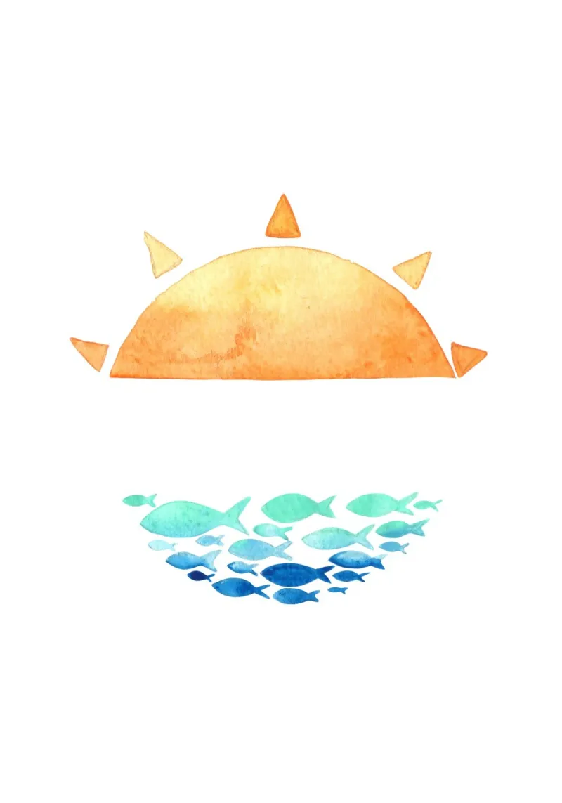 Arte scolastica del pesce all'alba e al tramonto - Stampa acquerello oceano poster da ClubArt