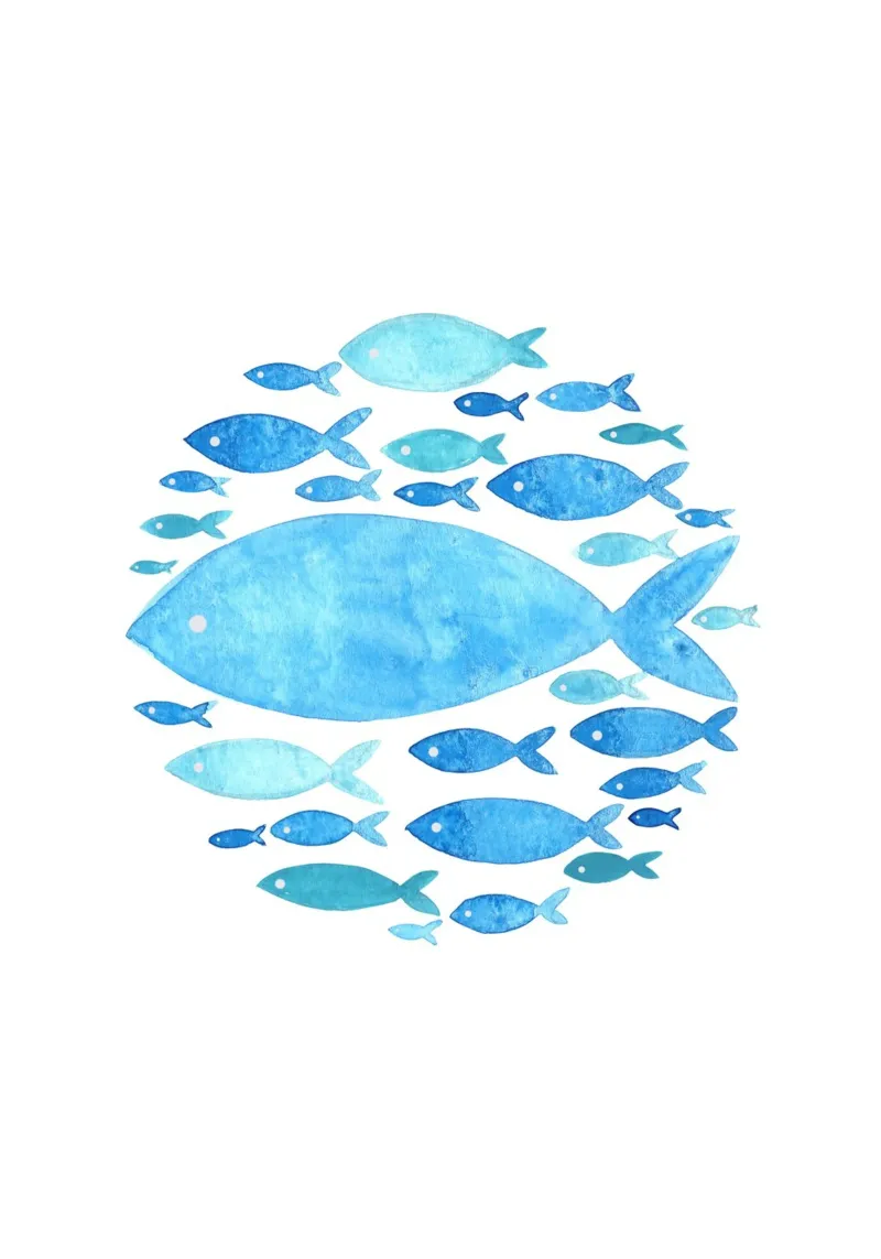 Blauer Fisch Schule Aquarell - Ozean Leben Kunstdruck Leinwand mit Schattenfugenrahmen von ClubArt