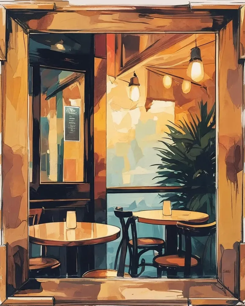 cafe table chair light-bulbs poster with wooden frame by cofa home