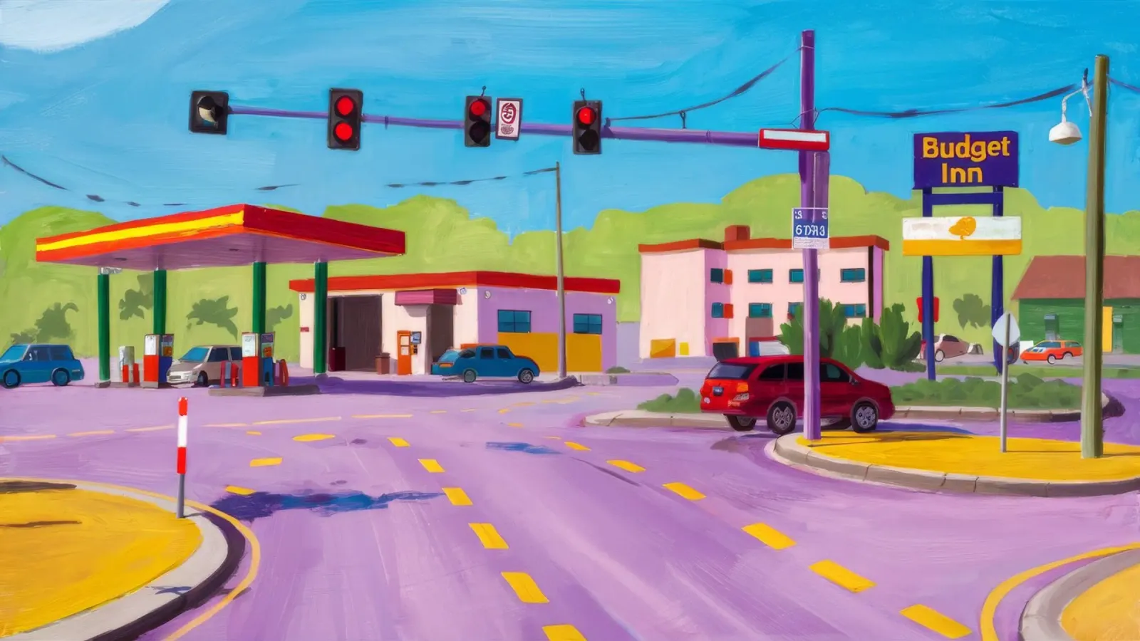 Tankstelle in der Abenddämmerung Leinwand mit Schattenfugenrahmen von Silk Palette