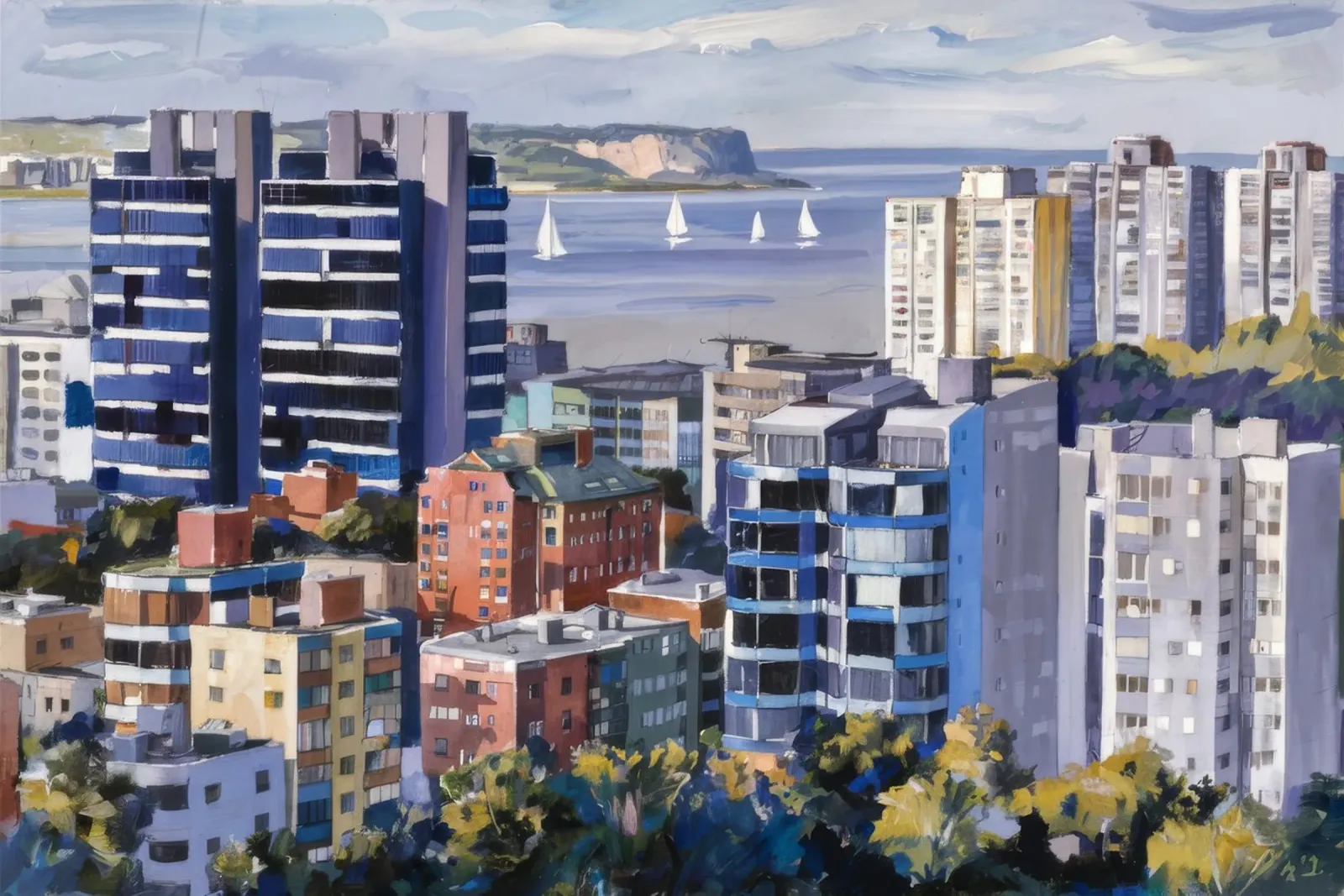 Panorama côtier ensoleillé poster avec cadre en aluminium de Opal Strokes