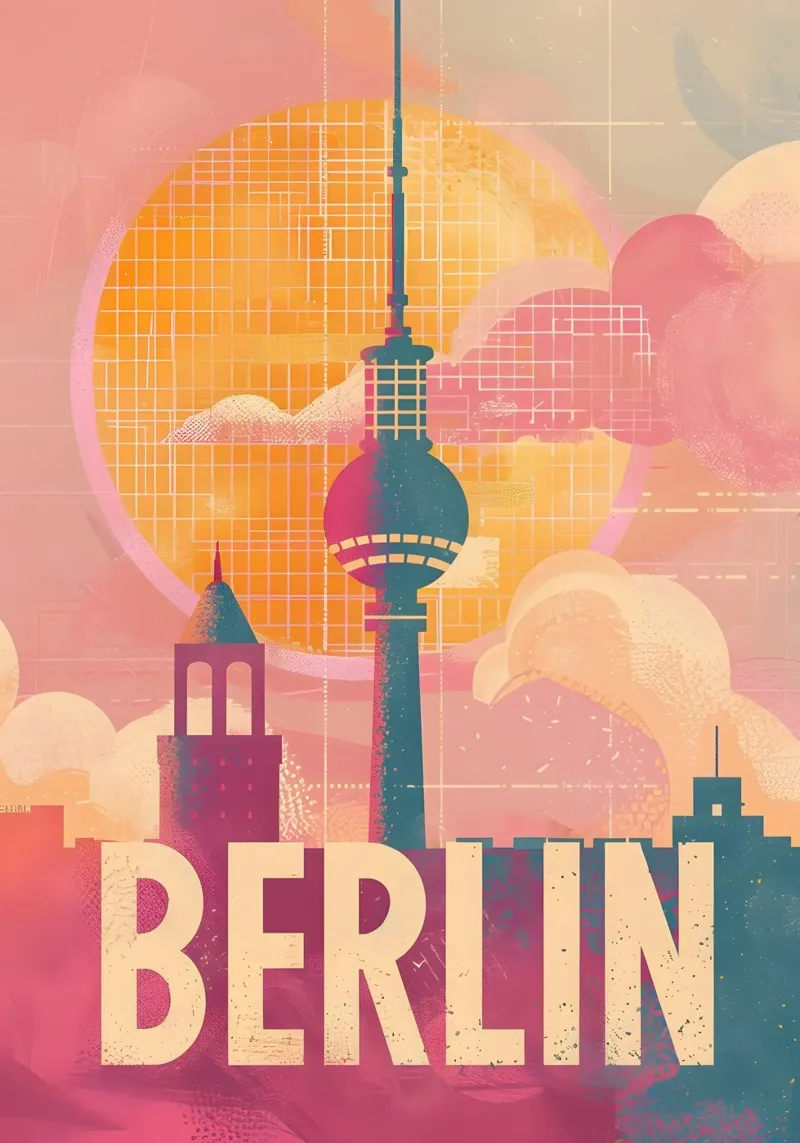 Poster di viaggio artistico sullo skyline di Berlino poster con telaio in plastica da Vintage Travel Art