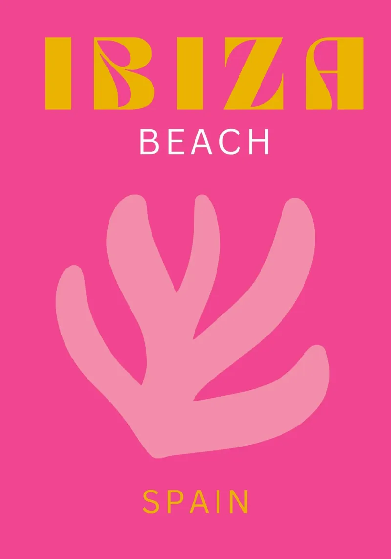 Art de voyage Ibiza Beach avec motif corail en rose et jaune poster de pdigitalprints