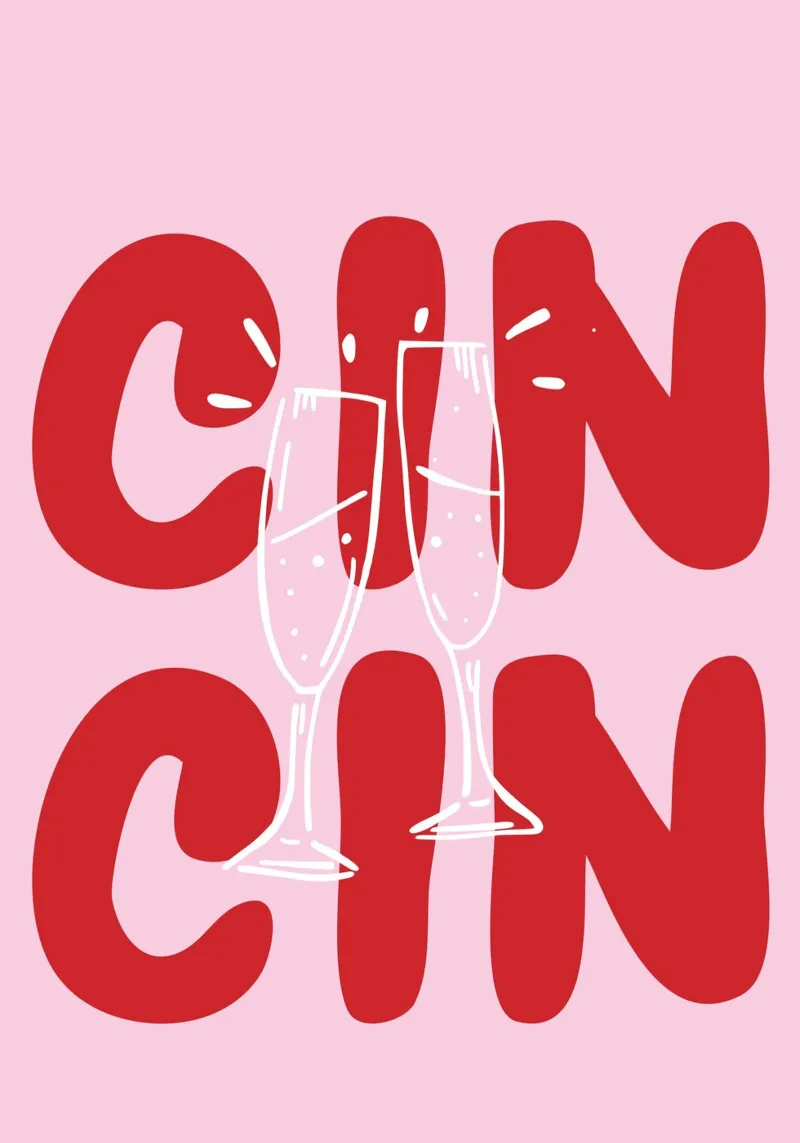 CIN CIN Poster with Clinking Glasses – Red Text on Pink hahnemühle by pdigitalprints