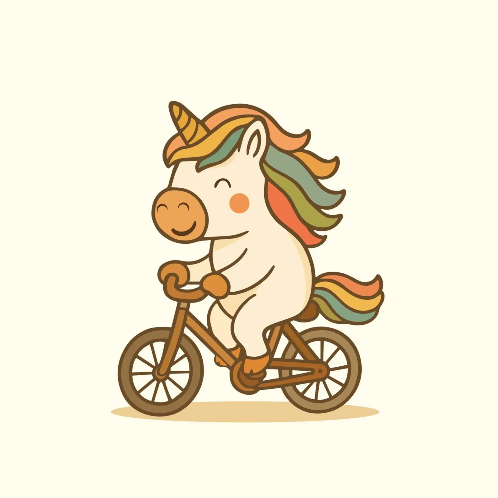 Unicorno felice con criniera colorata cavalca felicemente una bicicletta poster con telaio in legno da namosh